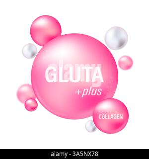 Pack de glutathion rose avec capsule et le troisième ingrédient peut être séparé. Substance pour beauté et cosmétique Illustration de Vecteur