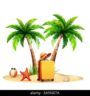 Un cadre de plage serein avec de grands palmiers, une valise jaune avec un chapeau, un ballon de plage, des lunettes de soleil, une étoile de mer et un coquillage sur le sable. Illustration de Vecteur