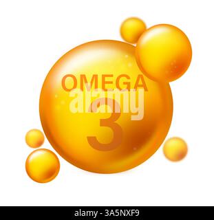 Oméga 3. Goutte de vitamine, capsule d'huile de poisson, nutrition organique d'essence d'or. Pill capcule. Illustration vectorielle sur fond isolé blanc Illustration de Vecteur