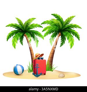 Une illustration de plage vibrante avec des palmiers, une valise rouge avec une ancre bleue, un ballon de plage, des lunettes de soleil, un chapeau et des coquillages sur un sol sablonneux. Illustration de Vecteur
