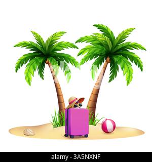 Une scène de plage tropicale avec une valise rose, un chapeau de paille et des lunettes de soleil reposant sur le sable, entourée de palmiers et d'un ballon de plage. Illustration de Vecteur