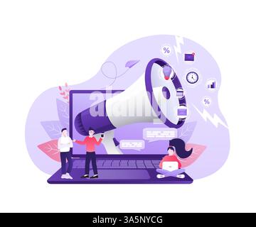 Marketing numérique personnes mégaphone dans le style abstrait. Illustration vectorielle plate. Marketing sur les réseaux sociaux. Illustration de Vecteur
