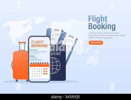 Conception de flyer pour la conception de promotion. Page d'accueil des illustrations de réservation en ligne de billets d'avion. Illustration vectorielle de conception plate. Icône de vecteur de déplacement. Illustration de Vecteur