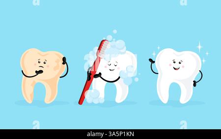 Bande dessinée dents, grand design à toutes fins. Illustration vectorielle de nettoyage de dents de dessin animé plat. Drôle de personnage. Illustration de Vecteur