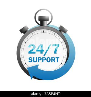 24/7 icône sur fond blanc. Icône de vecteur de flèche. Service clientèle. Logo vectoriel. Logo rond. Illustration de Vecteur