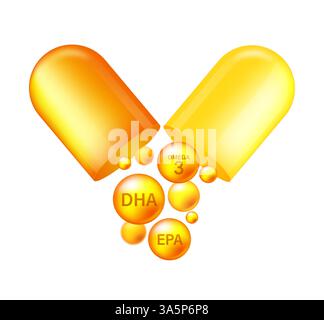 Jeu de gouttes vectorielles EPA, DHA. Formule chimique . Goutte de substance dorée brillante. Illustration de Vecteur