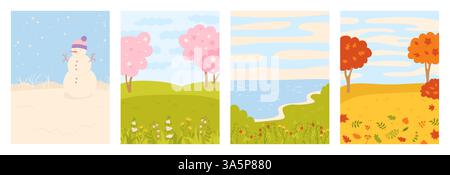 Quatre saisons de la nature set illustration de dessin animé vectoriel. Paysages d'hiver, de printemps, d'été et d'automne avec arbres, fleurs, rivière et bonhomme de neige. Art lumineux, design simple, affiche saisonnière pour les enfants Illustration de Vecteur