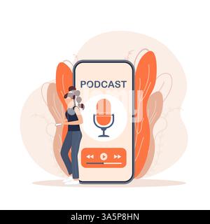 Webcast en direct dans un style plat avec des gens. Écoutez le podcast. Illustration plate. Illustration vectorielle. Illustration de Vecteur