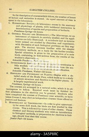 Le catalogue 1899-1900 du Collège Carleton énumère les cours d'études, les professeurs, les étudiants et les anciens élèves. Il comprend un aperçu historique, les conditions d'admission et les descriptions ministérielles. Banque D'Images