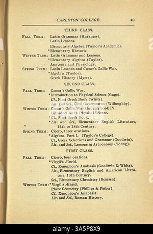 Ce catalogue 1899-1900 du Collège Carleton comprend des cours universitaires, des professeurs, des renseignements sur les étudiants, des anciens élèves et des descriptions de département, ainsi qu'un aperçu historique et les critères d'admission. Banque D'Images