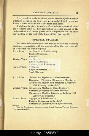 Ce catalogue du Collège Carleton pour 1899-1900 comprend des cours universitaires, des professeurs, des étudiants et des anciens élèves. Il fournit des directives d'admission, un contexte historique et des descriptions de service. Banque D'Images