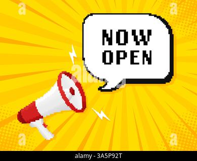 Ouvrez maintenant le mégaphone. Illustration de style pixel. Magasinez maintenant. Modèle de conception Illustration de Vecteur