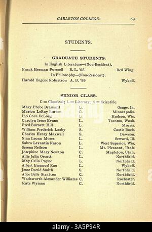 Le catalogue 1899-1900 du Collège Carleton répertorie les cours, les professeurs, les étudiants et les anciens élèves. Il comprend le contexte historique, les descriptions des départements et les détails sur l'admission et les diplômes honorifiques. Banque D'Images