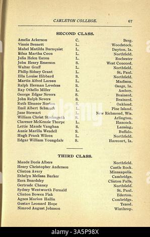 Le catalogue du Collège Carleton pour 1899-1900 comprend les cours, les professeurs, les anciens élèves, les descriptions de département, l'inscription des étudiants, détails d'admission et contexte historique. Banque D'Images