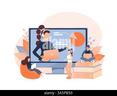 Dessin animé enseignement en ligne pour la conception de sites Web. Personnage de dessin animé. Conception Web. Personnage pour la conception de marketing Web. Illustration vectorielle. Illustration de Vecteur