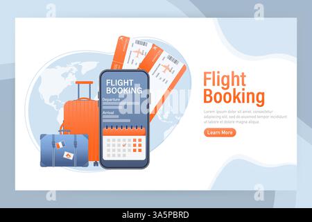 Conception de flyer pour la conception de promotion. Page d'accueil des illustrations de réservation en ligne de billets d'avion. Illustration vectorielle de conception plate. Icône de vecteur de déplacement. Illustration de Vecteur