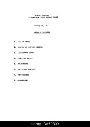 Ce document contient le procès-verbal officiel des réunions du conseil d'administration de la Bibliothèque publique de Minneapolis de l'année 1962. Banque D'Images