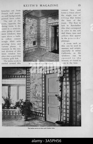 Ce magazine, publié mensuellement en 1916 par l'architecte Max L. Keith, présente des conceptions de maisons de différents styles, offrant des plans d'étage détaillés, des photographies et des estimations du coût du bâtiment. Keith's Magazine comprend également des articles sur le design d'intérieur, l'aménagement paysager, et des publicités pour le mobilier et les matériaux, avec quelques numéros mettant en vedette des plans pour les bâtiments publics comme les églises. Banque D'Images