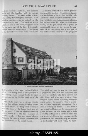 Ce magazine mensuel 1916 de l'architecte Max L. Keith présente divers styles de design de maison, avec des plans d'étage détaillés et des estimations de coûts. Le magazine comprend également des articles sur les matériaux de construction, la décoration intérieure et l'aménagement paysager. Certaines questions fournissent des plans de construction pour les églises, les écoles et d'autres types de bâtiments. Banque D'Images