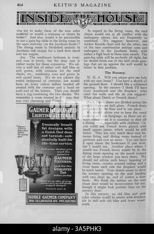 Cette publication de 1916 de Keith's Magazine couvre la construction de maisons avec des illustrations, des plans d'étage, et la ventilation des coûts de construction. Le magazine comprend des articles sur le design d'intérieur, l'aménagement paysager, et des conseils de construction de maisons, ainsi que des publicités pour l'ameublement et les matériaux. Certains numéros comportent des plans pour les écoles et les églises. Banque D'Images