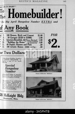 Keith's Magazine, publié pour la première fois en 1916 par l'architecte Max L. Keith, présente un guide complet sur la conception de maisons et de bâtiments, avec des plans d'étage, des estimations de coûts et des articles sur les matériaux de construction. Le magazine offre un aperçu de la décoration intérieure, de l'aménagement paysager et de la conception de bâtiments publics comme les écoles et les églises. Les pages manquantes sont notées pour certains volumes. Banque D'Images