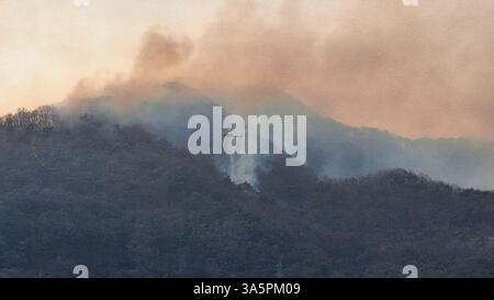 (250324) -- BEIJING, 24 mars 2025 (Xinhua) -- Un hélicoptère effectue une mission de lutte contre les incendies dans la province de Gyeongsang du Sud, Corée du Sud, le 22 mars 2025. Le gouvernement sud-coréen a déclaré l'état de catastrophe samedi suite aux incendies de forêt qui ont éclaté dans les régions du sud-est du pays, y compris la ville d'Ulsan, la province de Gyeongsang du Nord et la province de Gyeongsang du Sud, a déclaré le ministère de l'intérieur et de la sécurité. (NEWSIS via Xinhua) Banque D'Images