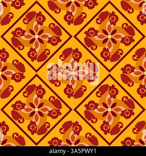 Motif floral rétro avec des fleurs rouges et orange dans la grille de diamant sur fond jaune Banque D'Images