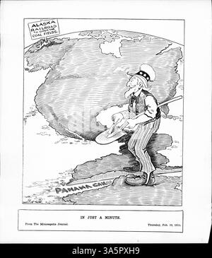 Une caricature politique montre oncle Sam finissant le canal de Panama et envisageant l'ouverture de l'Alaska Railroad, avec un accent sur l'expansion de l'infrastructure américaine. Banque D'Images