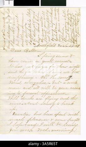 Cette lettre, écrite par le professeur Horace Goodhue en 1869, décrit ses expériences et sa vie à Northfield, Minnesota, comme il écrit à sa fiancée. Il offre un aperçu personnel du contexte historique de l'époque. Banque D'Images