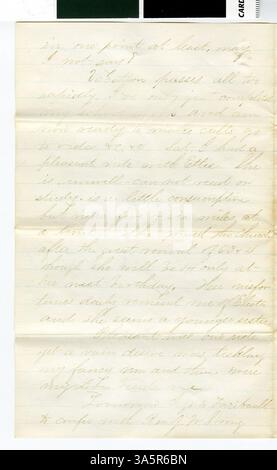 Une lettre du professeur Horace Goodhue à sa fiancée, écrite le 30 décembre 1867, décrivant la vie et le travail à Northfield, Minnesota. La lettre offre un aperçu de la vie au XIXe siècle dans la région. Banque D'Images