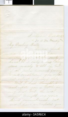 Une lettre du professeur Horace Goodhue à sa fiancée, écrite le 30 décembre 1867, décrivant la vie et le travail à Northfield, Minnesota. La lettre offre un aperçu de la vie au XIXe siècle dans la région. Banque D'Images