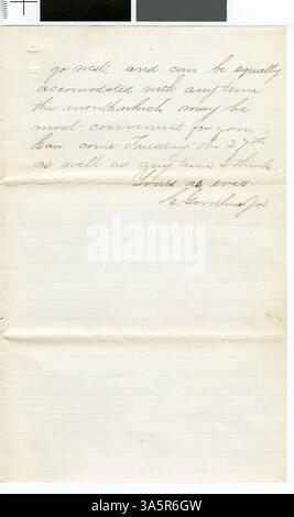 Cette lettre de 1867 du professeur Horace Goodhue à sa fiancée raconte ses expériences et sa vie quotidienne à Northfield, mettant en lumière les débuts de la vie collégiale et le travail au Carleton College. Banque D'Images
