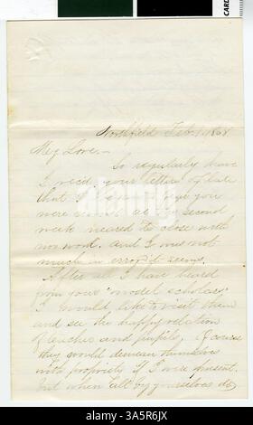 Lettre du professeur Horace Goodhue à sa fiancée, écrite le 1er février 1868, décrivant sa vie et son travail à Northfield en 1867, offrant un aperçu de l'environnement académique de l'époque. Banque D'Images