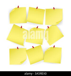 Bouton-poussoir épinglé autocollant jaune Collection avec coin recourbé. Illustration vectorielle. Isolé sur fond blanc. Illustration de Vecteur