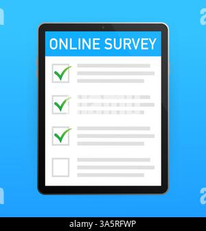 Liste de contrôle sur l'écran de la tablette. Concept de sondage en ligne. Tient la tablette à main et la liste de contrôle avec une coche. Icône pour la conception d'applications mobiles. Illustration vectorielle. Illustration de Vecteur