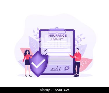 Illustration de style plat avec police d'assurance pour la conception de rapport. Illustration vectorielle isométrique. Concept commercial. Données sécurisées. Illustration de Vecteur