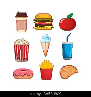 Set d'art pixel avec nourriture pixel pour la conception de jeu. Illustration artistique vectorielle. Nourriture sucrée Illustration de Vecteur