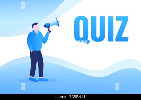Modèle avec homme de quiz bleu tenant mégaphone sur fond blanc pour la conception de flyer. Illustration vectorielle dans un style plat. Illustration de Vecteur