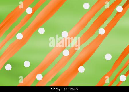 Fond abstrait avec des rayures vertes et oranges vibrantes, accentuées par des pois blancs, créant un design ludique Banque D'Images