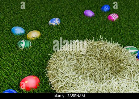 Une scène festive de Pâques avec un nid de paille entouré d'œufs colorés décorés, serti sur une herbe verte luxuriante, symbolisant le printemps et le renouveau Banque D'Images