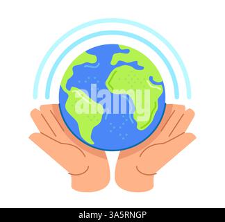 Mains tenant le globe terrestre. Prendre soin de la planète, de l'environnementalisme. Protection de l'environnement, de l'écologie et du climat Illustration de Vecteur
