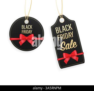 Étiquette de vente Black friday avec ruban noeud noeud modèle abstrait avec étiquette de vente sur fond blanc pour la conception de papier. Affiche du vendredi fou. Conception vectorielle Illustration de Vecteur