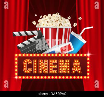 Bannière publicitaire rétro réaliste avec lumière de cinéma sur fond jaune. Police numérique. vecteur 3d. Vecteur réaliste. Bannière lumineuse. Illustration de Vecteur