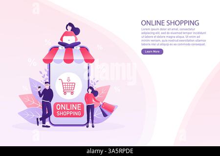 Line shopping People, grand design pour toutes les fins. Vecteur d'icône de téléphone. Illustration vectorielle plate de dessin animé. Concept de téléphone de livraison en ligne. Illustration de Vecteur