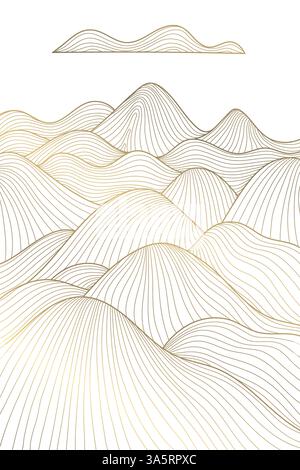 Paysage de vague abstrait de ligne de vecteur, désert, illustration de style japonais. Fond boho or de montagne. Sable, mer orientale Illustration de Vecteur