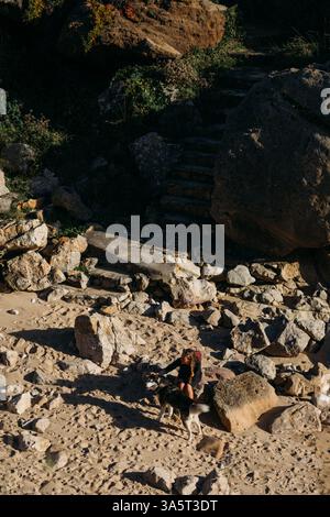 Femme et chien assis sur une plage de sable parmi les rochers à Peniche. Banque D'Images