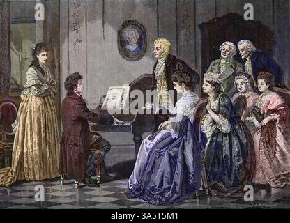 Le jeune Ludwig van Beethoven (1770-1827) joue devant Wolfgang Amadeus Mozart (1756-1791). D'après un tableau de Borchman. Banque D'Images