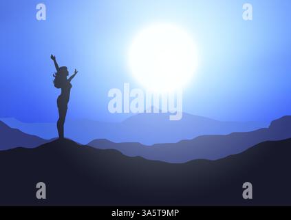 Silhouette d'une femelle se tenait sur un paysage vallonné avec ses bras levés contre un ciel clair de lune Illustration de Vecteur