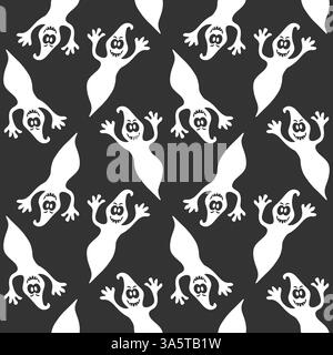 Motif sans couture avec des figures fantômes ludiques sur un fond noir, parfait pour les décorations d'Halloween et les événements festifs Illustration de Vecteur