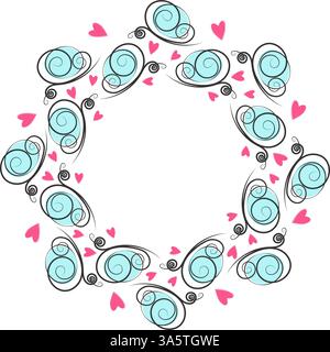 À main levée coeurs roses papillons doux taches bleues sur les ailes cercle cadre bordure espace copie modèle. Illustration vectorielle isolée cartes thématiques de voeux, affiche, dépliants, étiquette de prix ou bannière promotionnelle Web Illustration de Vecteur